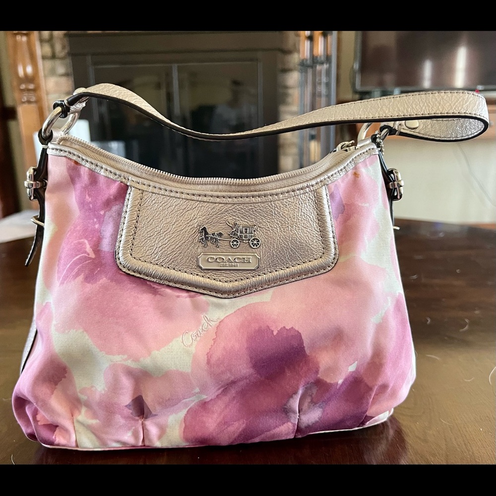 Lilac Floral and Silver Small Coach Hobo Bag